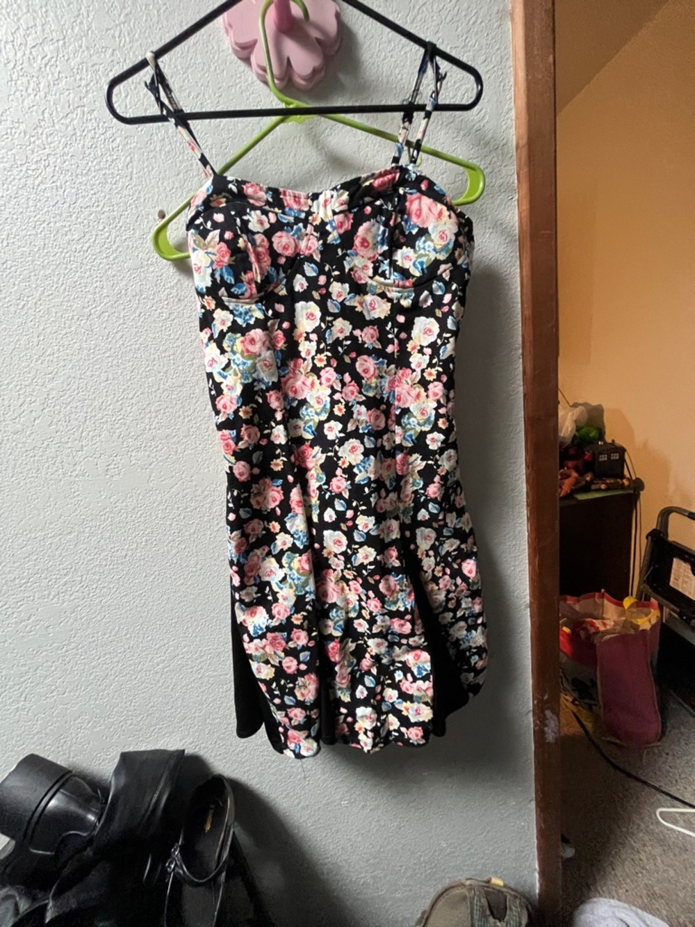 Floral Black Mini Dress with Pink & Blue Blooms